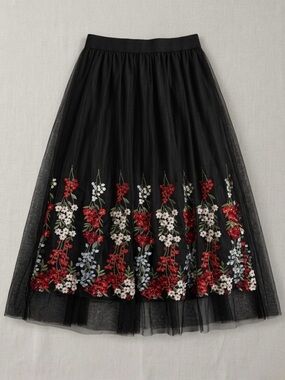Sans Souci Black Maxi Tulle Skirt with Red, White & Light Blue Floral Embroidery